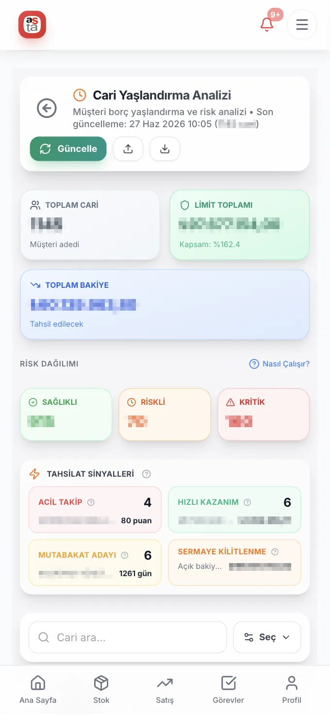 AstaFlow mobil — cari yaşlandırma ekranı