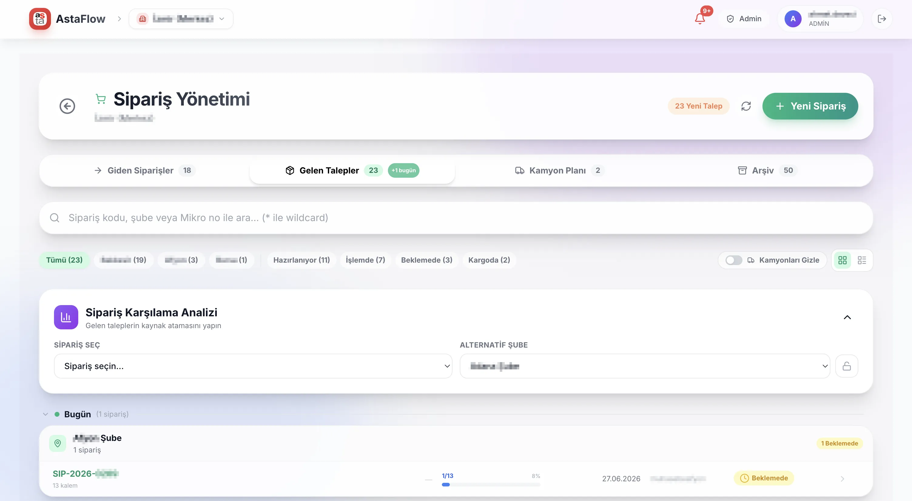 AstaFlow Sipariş yönetimi ekranı