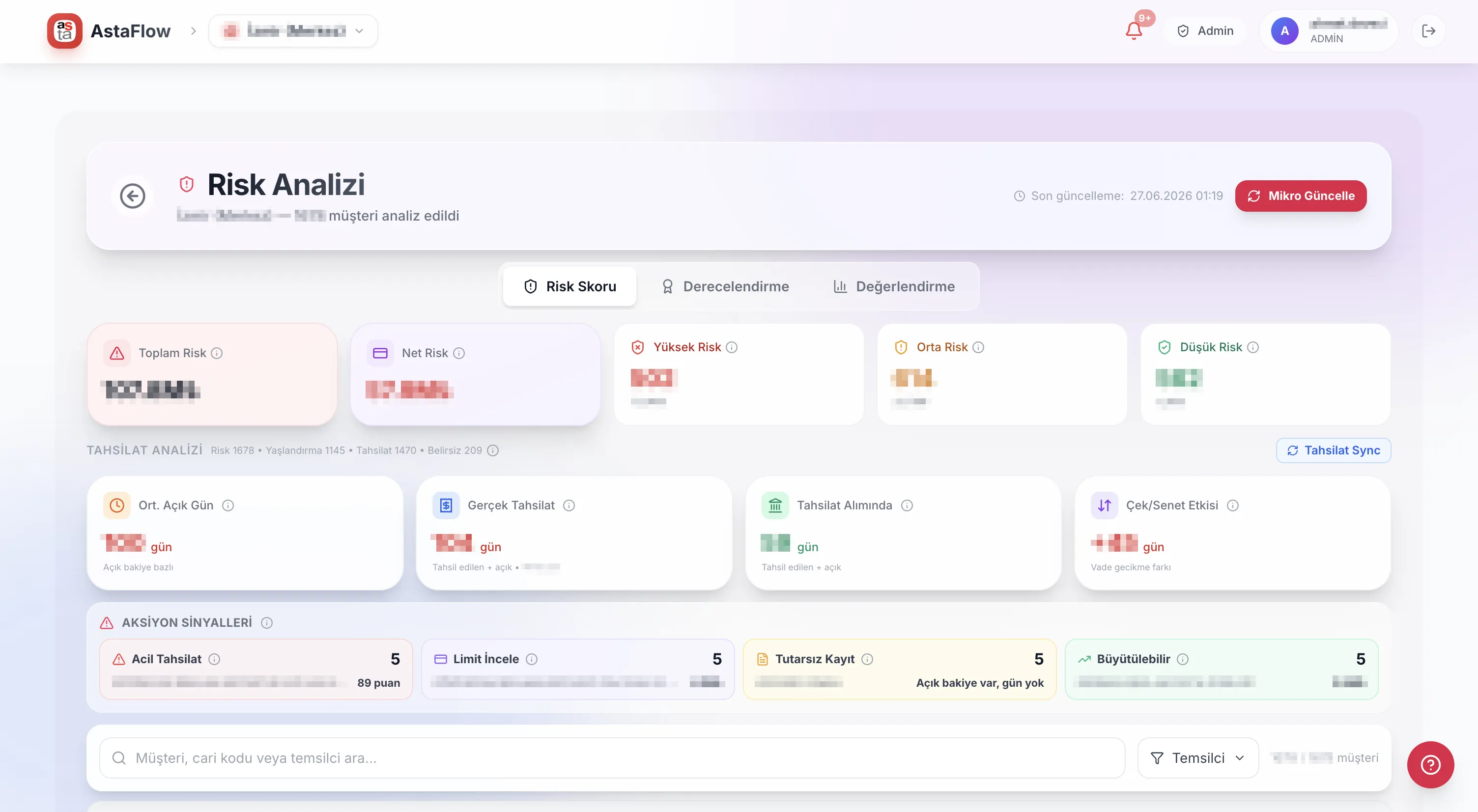 AstaFlow Risk derecelendirme ekranı