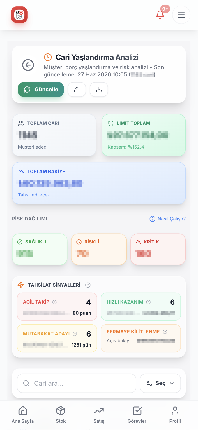 AstaFlow mobil — Cari Yaşlandırma ekranı